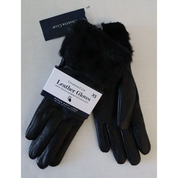 Charter Club 15340 Women's Sz XS Black Faux Fur-Cuff Leather Tech Gloves - Picture 1 of 8